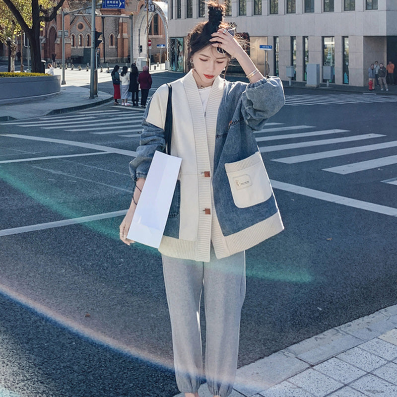 異素材MIXデザインニット×デニムジャケット