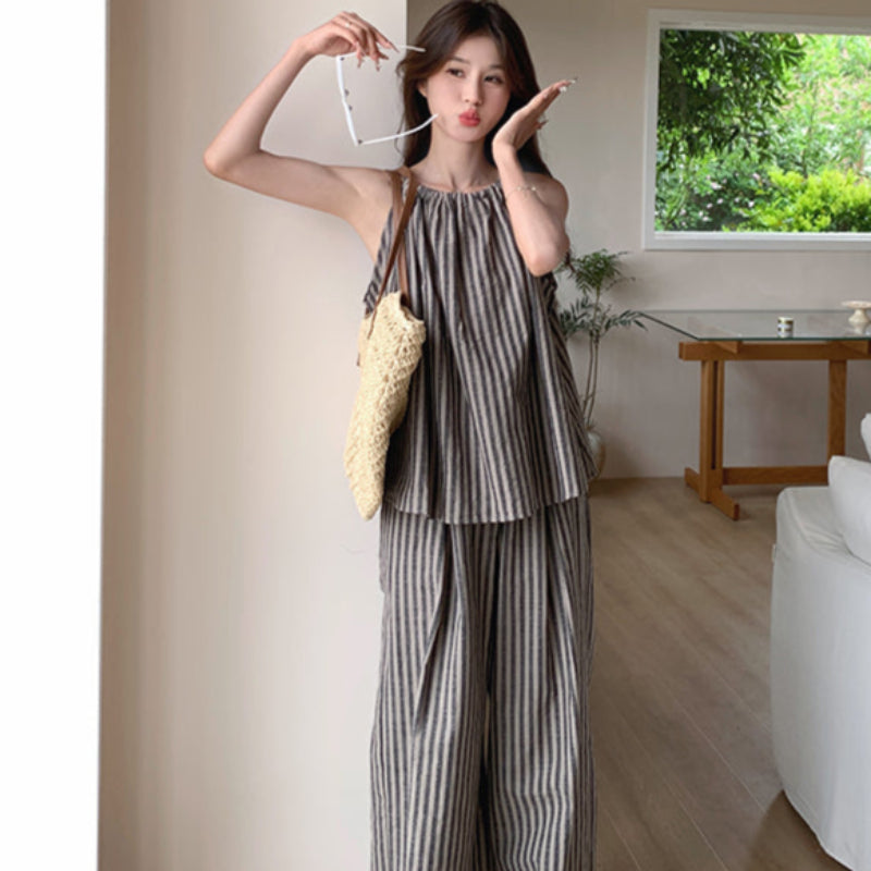 ストライプホルターネックトップス×パンツセット