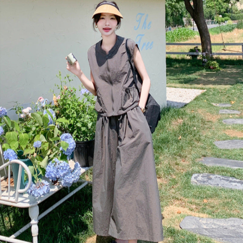 ノースリーブファスナートップス×ワイドレッグパンツセット