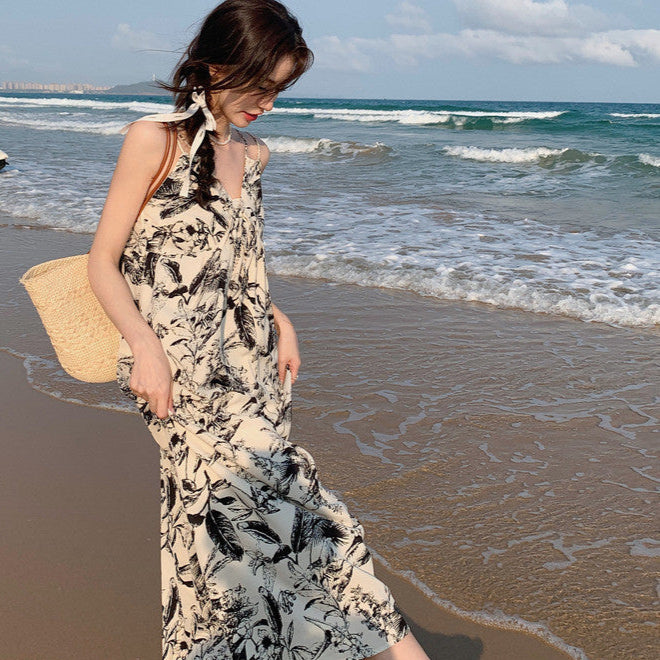 ダブルストラップボタニカルプリントワンピ