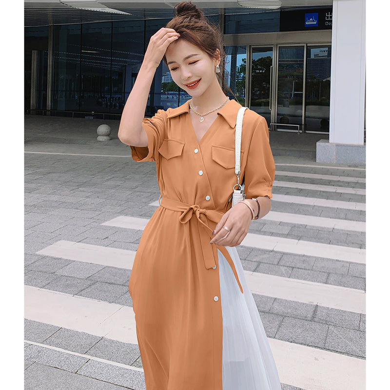 【即納】レイヤード風シャツワンピース(4colors)