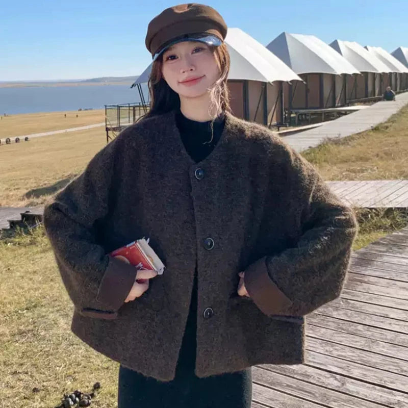 ノーカラーウールショートコート