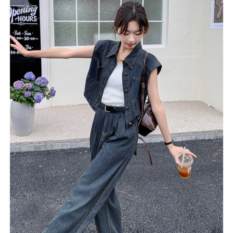 デニムベスト×ワイドレッグパンツセットアップ