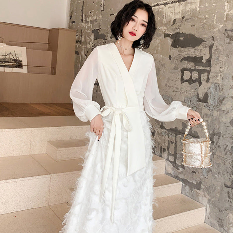 ショールカラーフェザー切り替えドレス(2colors)