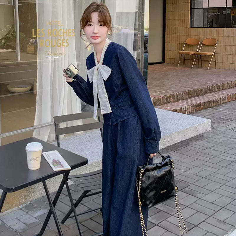 レースリボン付きデニムスーツジャケット×ワイドパンツ