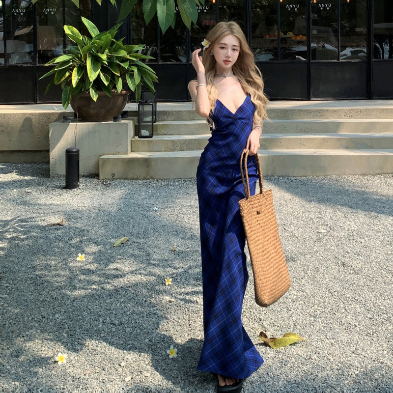 ブルーチェック Vネック バックレスキャミワンピース