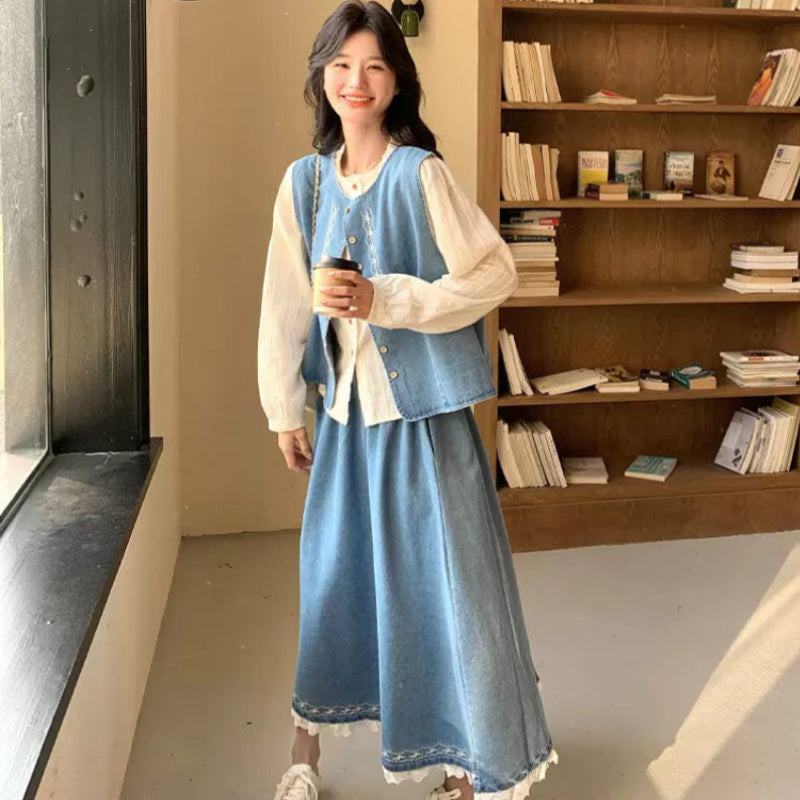 ホワイトブラウス×デニムベスト×スカートスリーピースセット