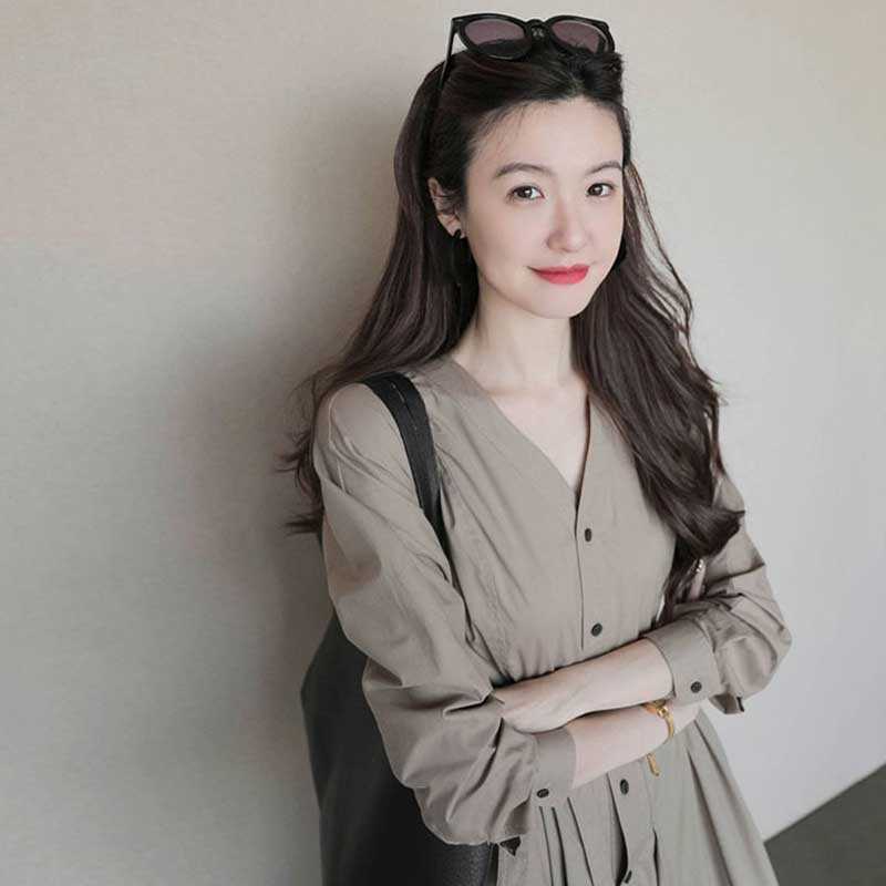 ウエストリボンVネックシャツワンピース