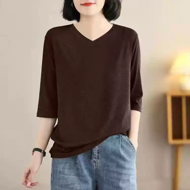 5colorsVネック五分袖ニットトップス