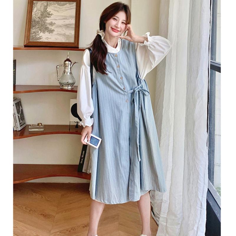 ストライプレイヤードベスト×ドレスシャツワンピ