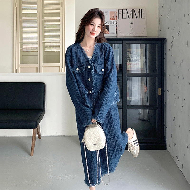 デニムフリンジジャケット×スカートセット