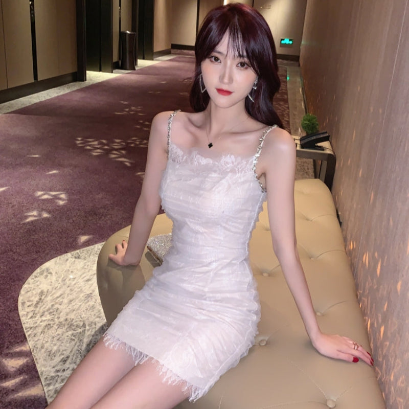 ラインストーンストラップチュールミニドレス(2colors)