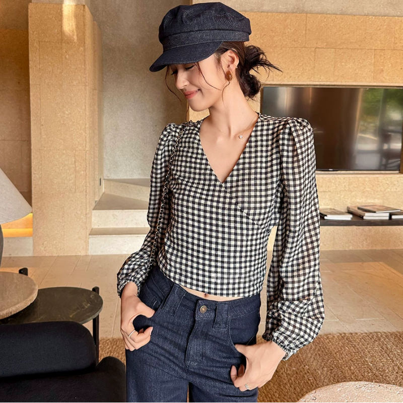 カシュクールチェックブラウス(3colors)