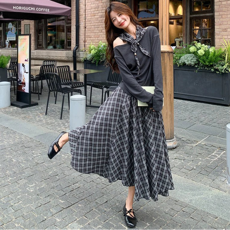 グレーアシメトップス×チェックスカートセット