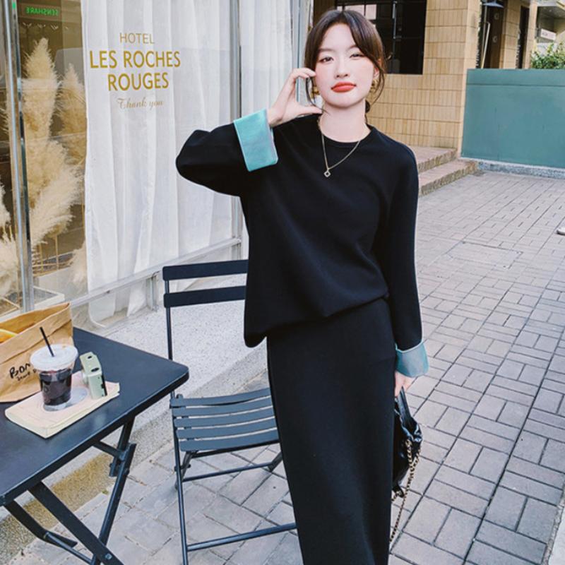 スウェットバイカラートップス×スカートセット