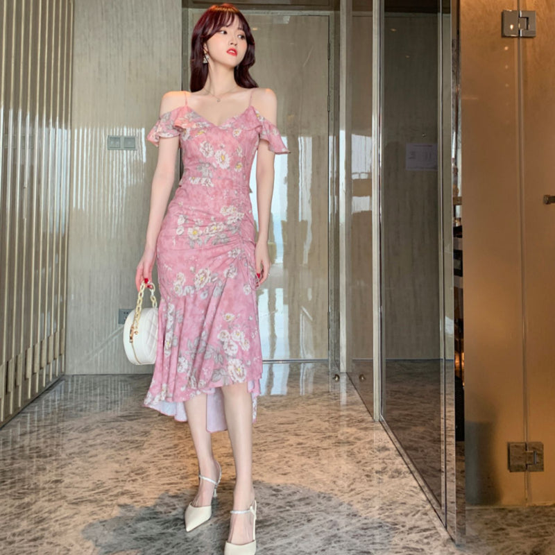 シフォンフラワープリントドレス