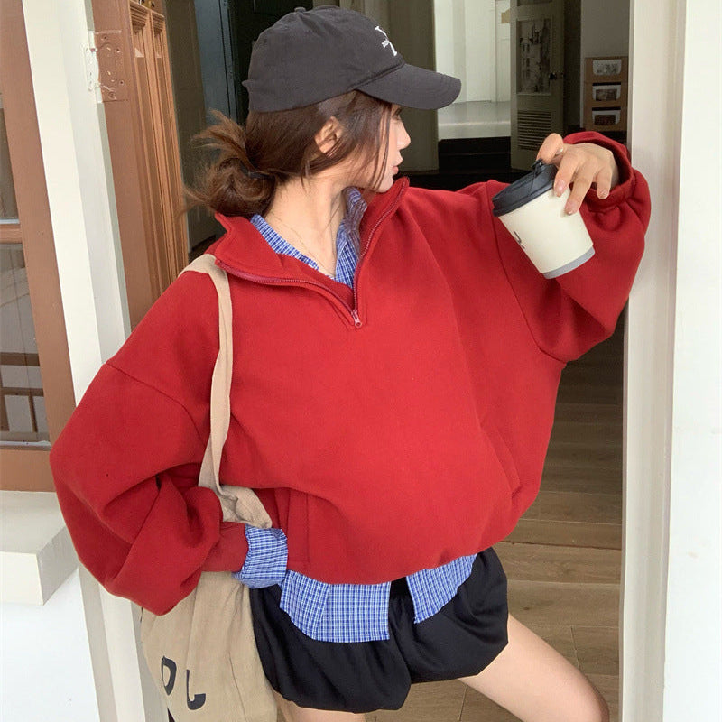 ハーフジップスウェット×チェックシャツ