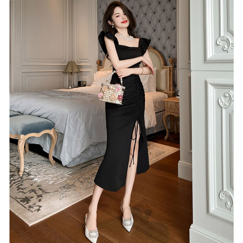 フリル袖サイドギャザースリットワンピース