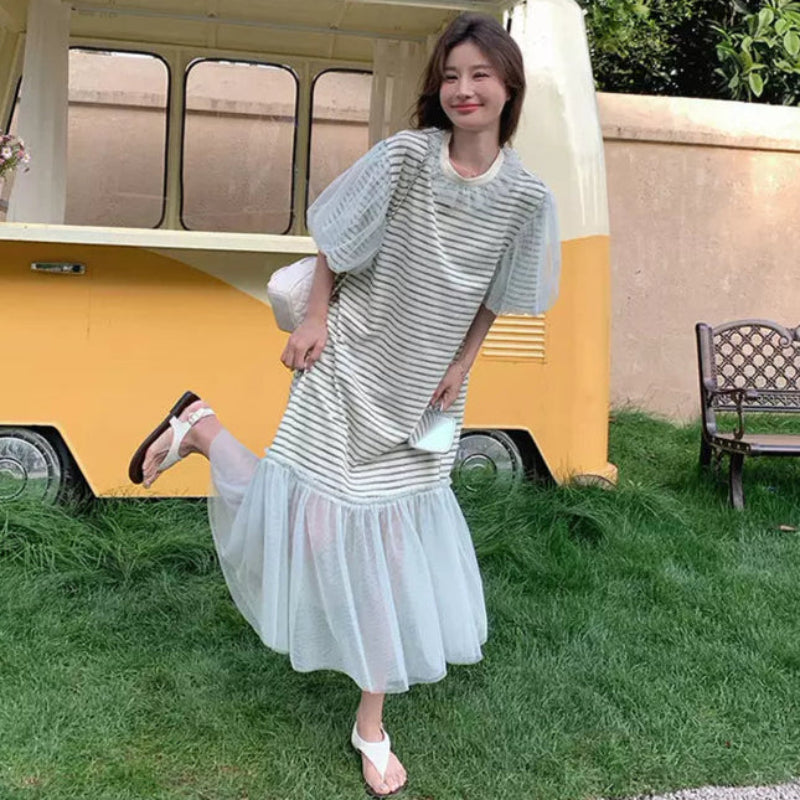 ストライプメッシュTシャツワンピース