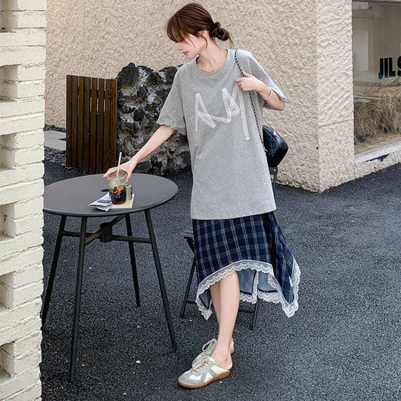 Tシャツドッキングチェックスカートワンピース