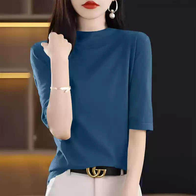 五分袖ボトルネックトップス6colors