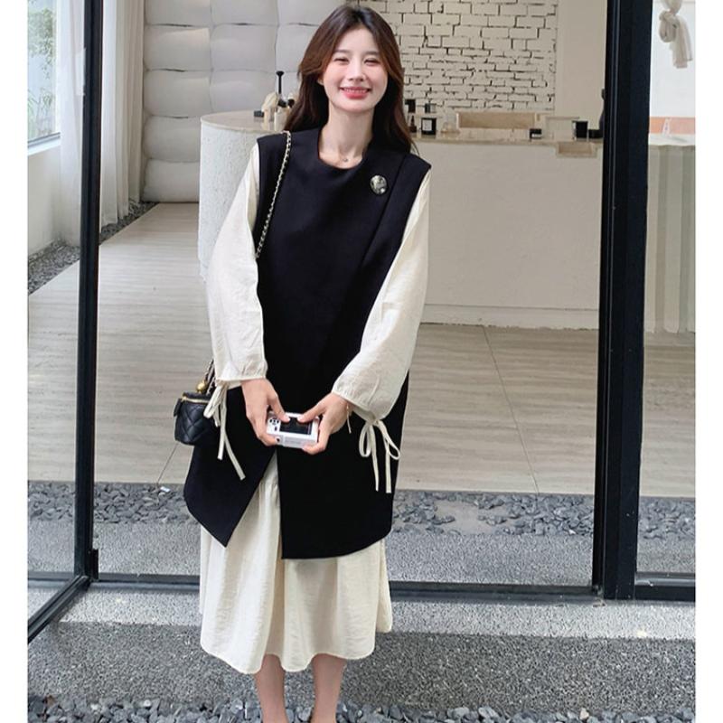 ロングベスト×ワンピースレイヤードセット