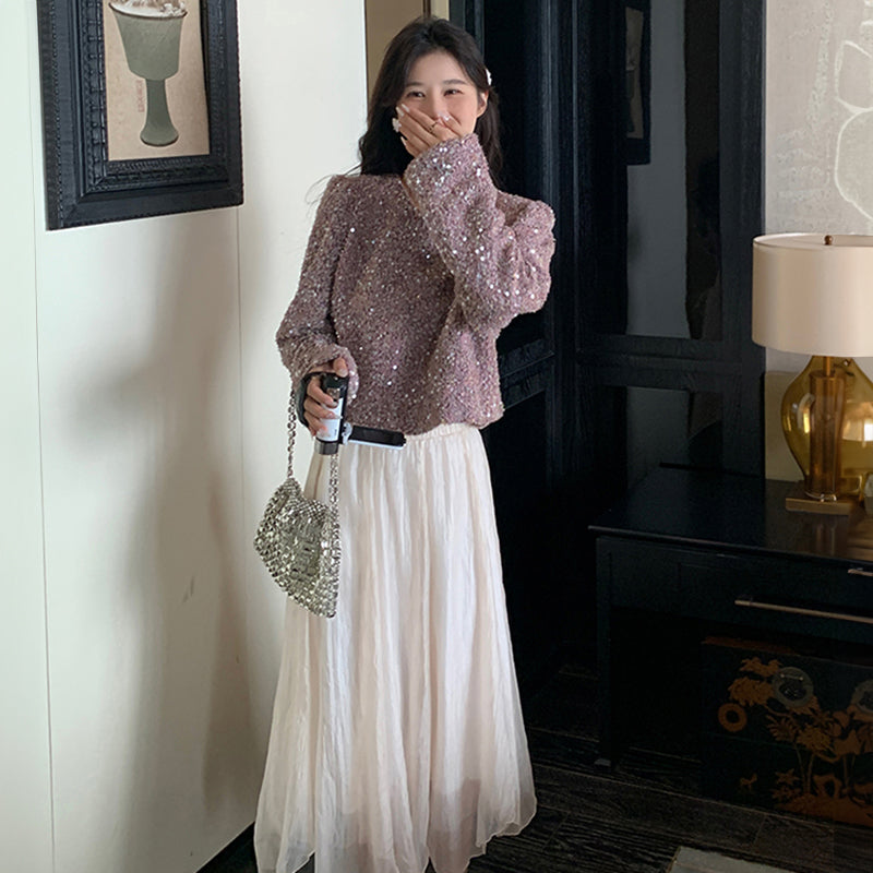 ラメ入りツイード風ショート丈トップス