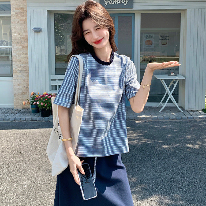 ストライプTシャツ×スウェットカートセットアップ