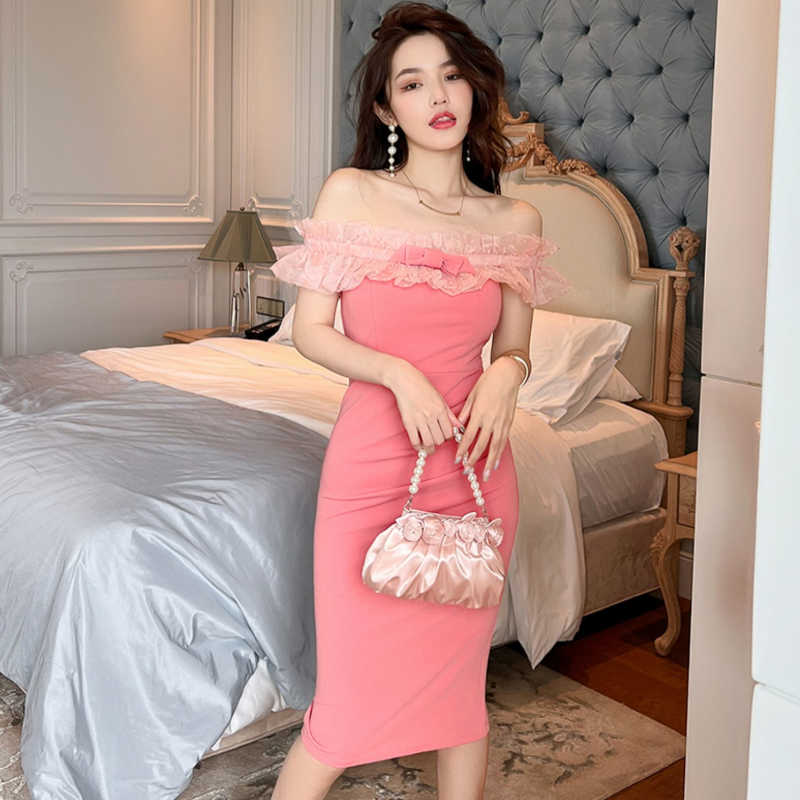 フロントリボンシアーフリルコンビオフショルダーペンシルワンピース