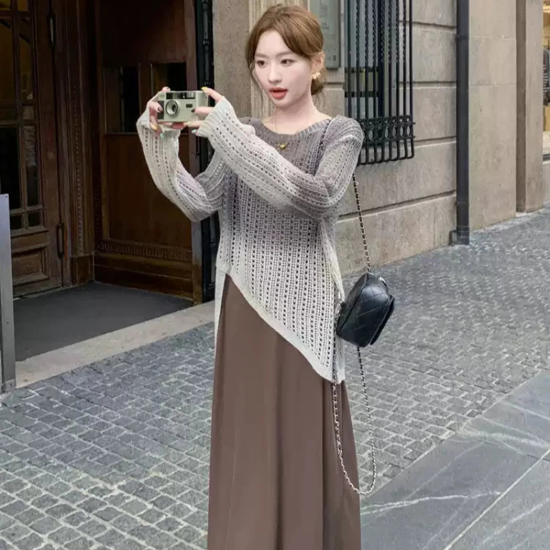 シースルーニット×キャミロングワンピース