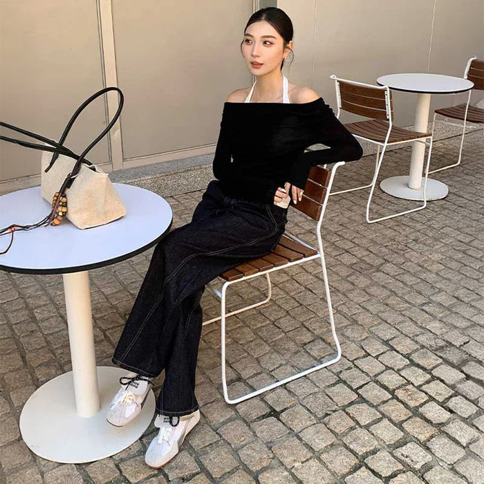 ハイウエストワイドストレートデニムパンツ