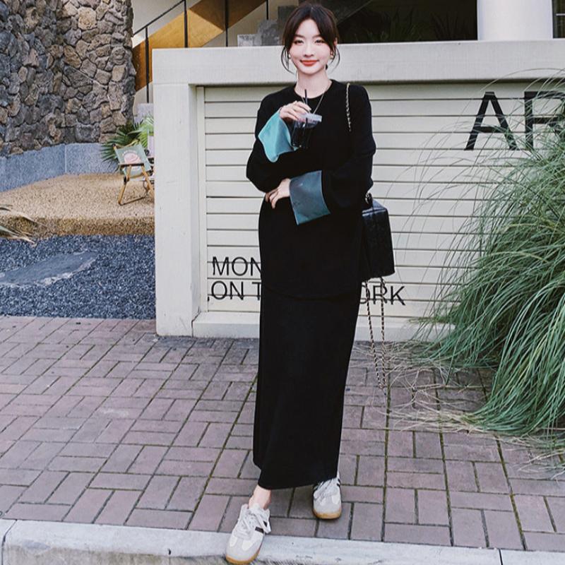 スウェットバイカラートップス×スカートセット