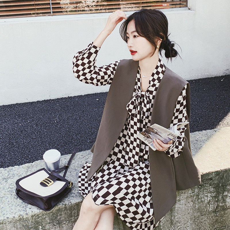 チェック柄ワンピース×ベストセット