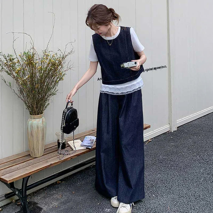 裾レースTシャツ×ワイドデニムセットアップ