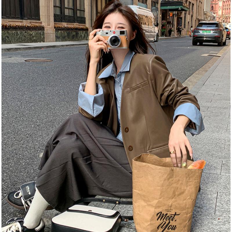 ノーカラーVラインPUレザージャケット