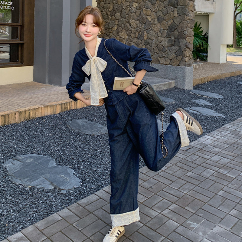 レースリボン付きデニムスーツジャケット×ワイドパンツ