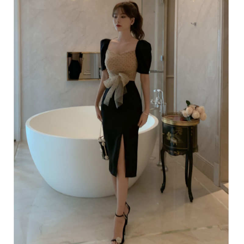 ドットチュールコンビスリットタイトワンピース