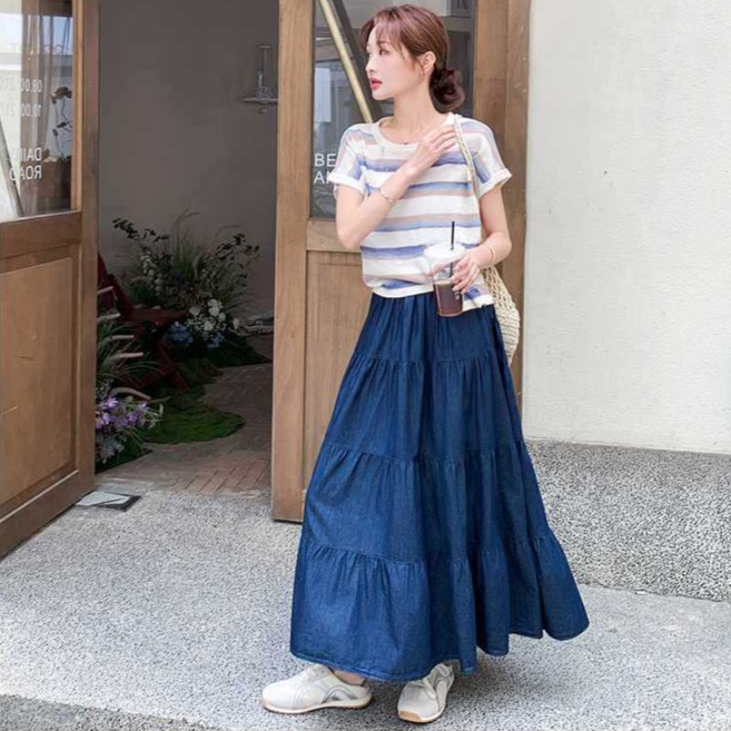 ボーダーTシャツ×デニムスカートセットアップ