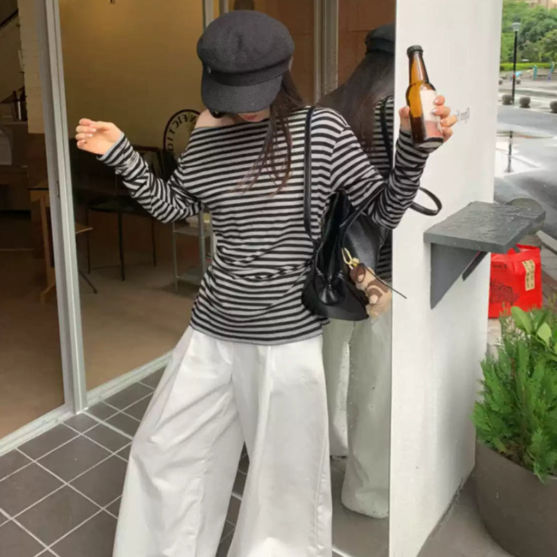 オフショルダーボーダーロングTシャツ