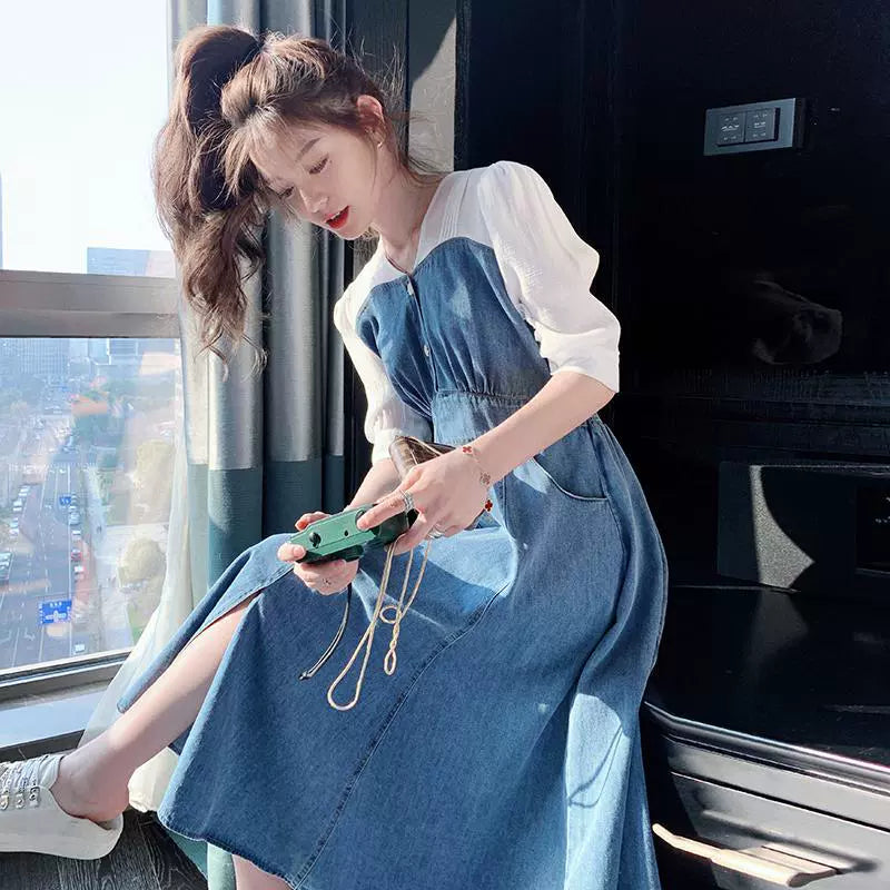 カットソードッキングデニムワンピース