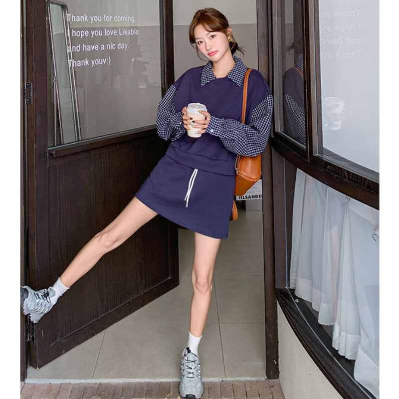 ブルーチェックレイヤードスウェットスカートセット