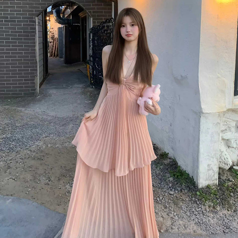 フェイクレイヤードプリーツドレス