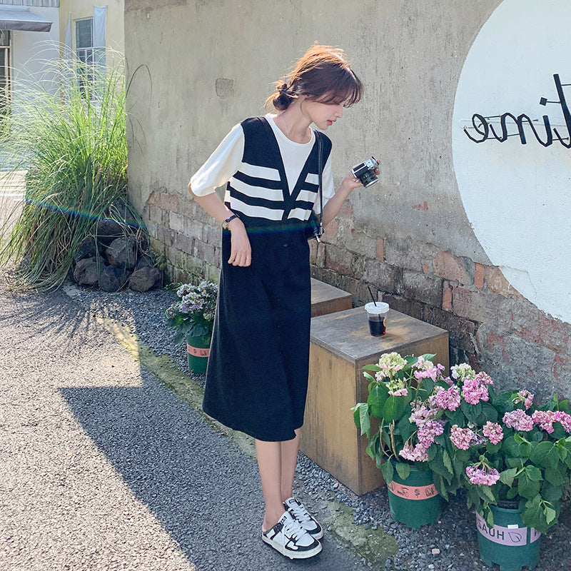 配色ボーダードッキングワンピース