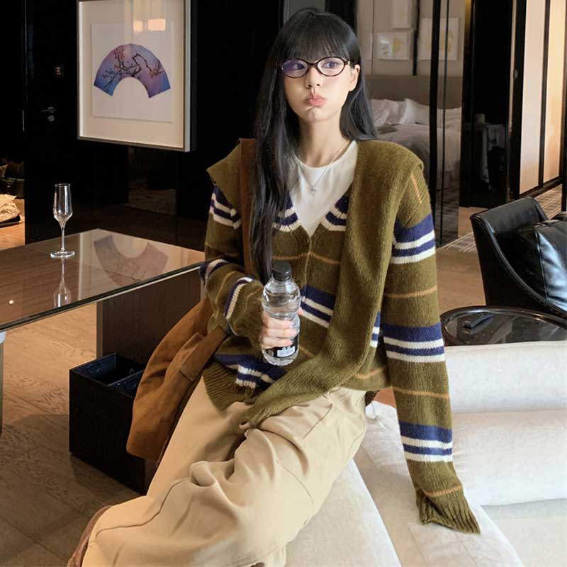 ショール付きボーダーカーディガン