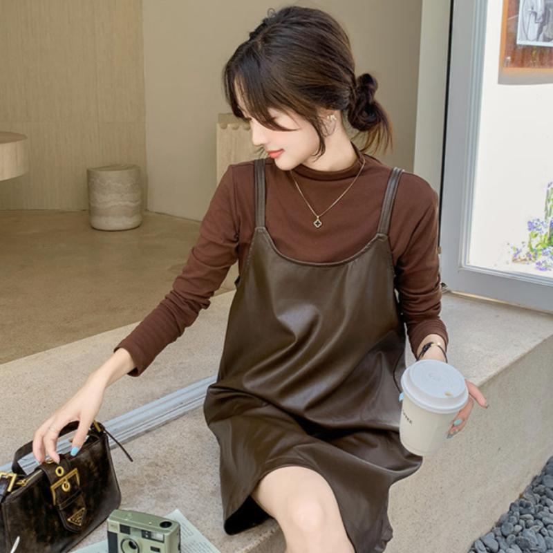 タートルトップス×PUレザーワンピースセット(2colors)