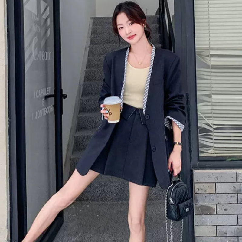 チェックデザイングレージャケット×スカートスーツ