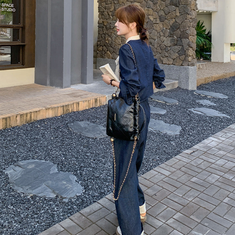 レースリボン付きデニムスーツジャケット×ワイドパンツ