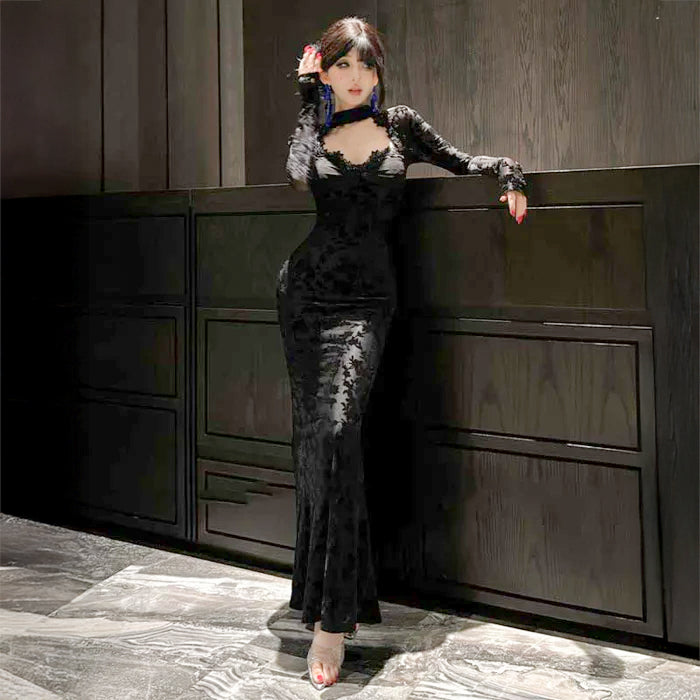 チョーカー風ロングレースドレス(2colors)