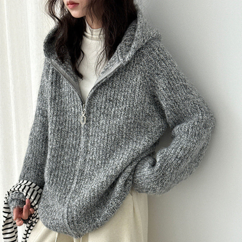 ファーフード付ニットカーディガン(2colors)