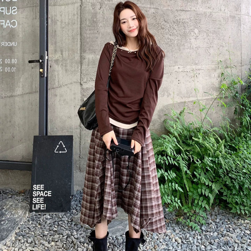 レイヤードトップス×チェックスカートセット(2colors)